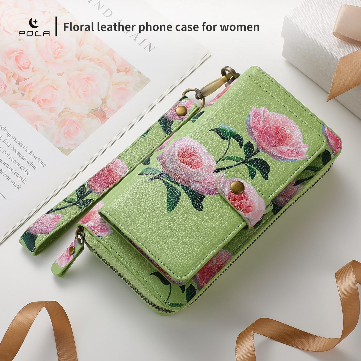 ELECTROPRIME For iPhone 15 POLA MagSafe Flower Multi-functional Zipper Wallet Leather Phone Case(Green)