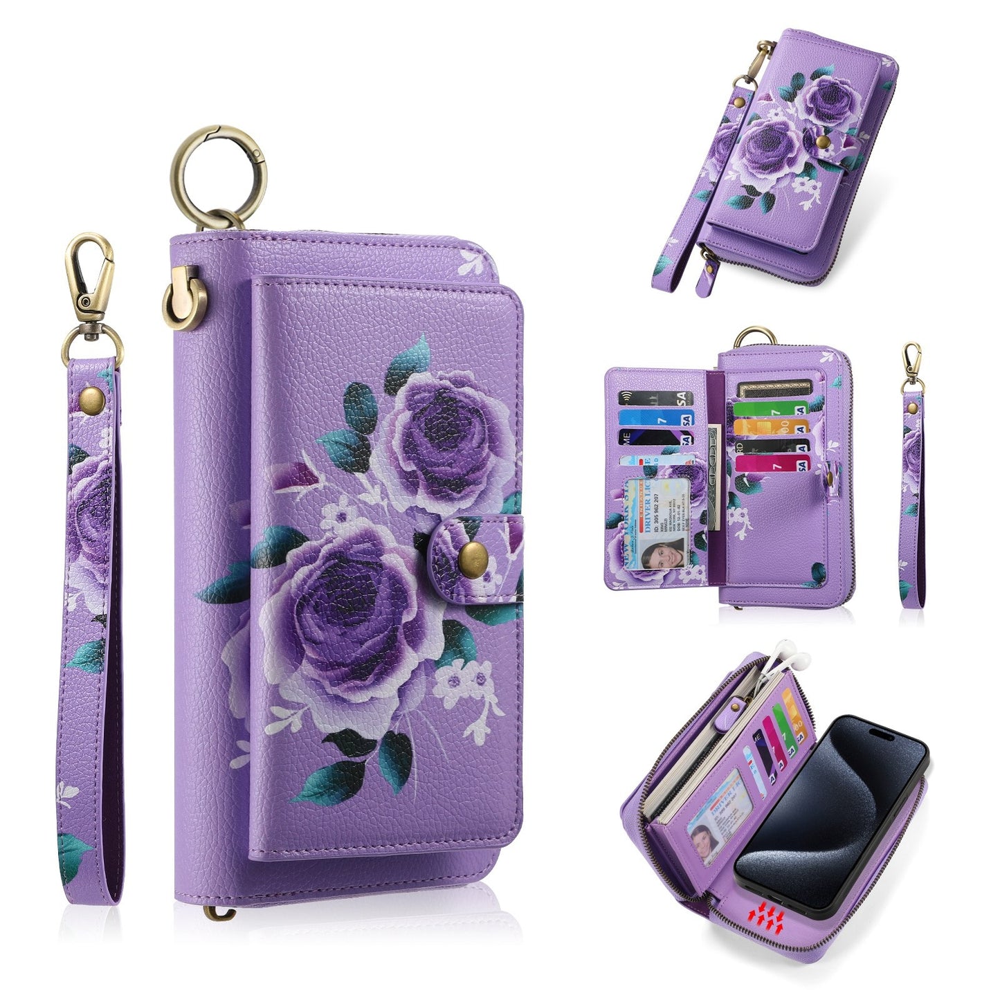 ELECTROPRIME For iPhone 15 POLA MagSafe Flower Multi-functional Zipper Wallet Leather Phone Case(Purple)