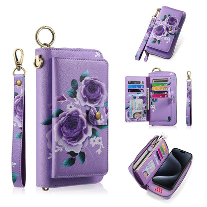 ELECTROPRIME For iPhone 15 POLA MagSafe Flower Multi-functional Zipper Wallet Leather Phone Case(Purple)