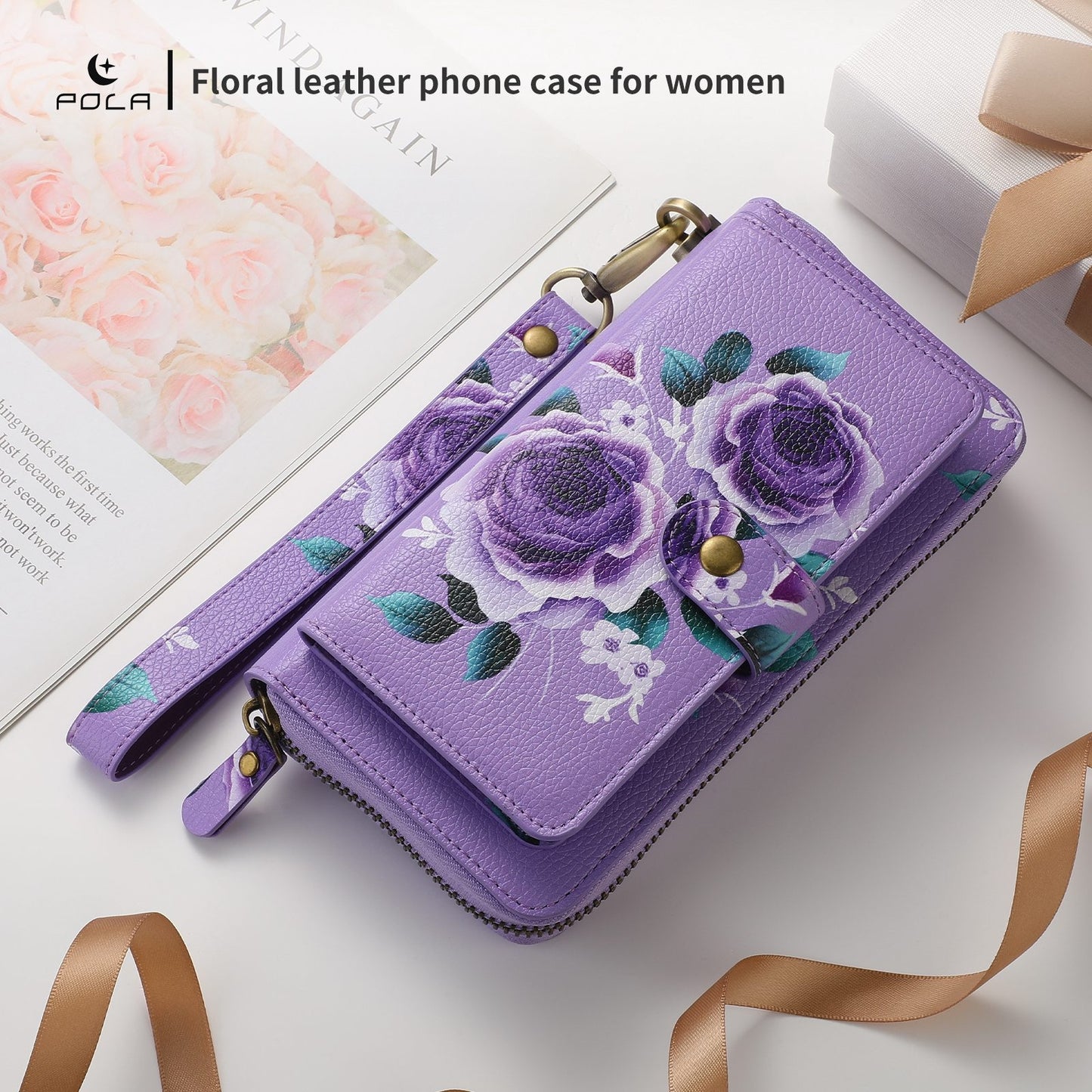 ELECTROPRIME For iPhone 15 POLA MagSafe Flower Multi-functional Zipper Wallet Leather Phone Case(Purple)