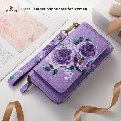 ELECTROPRIME For iPhone 15 POLA MagSafe Flower Multi-functional Zipper Wallet Leather Phone Case(Purple)