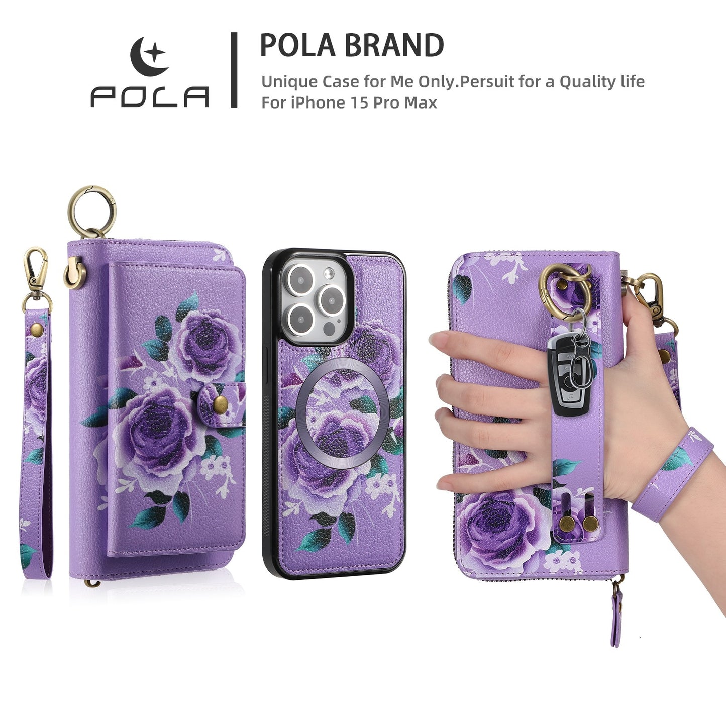 ELECTROPRIME For iPhone 15 POLA MagSafe Flower Multi-functional Zipper Wallet Leather Phone Case(Purple)