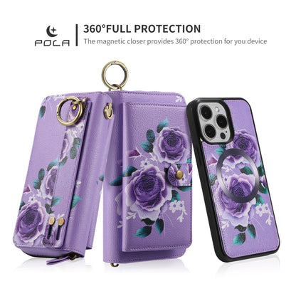ELECTROPRIME For iPhone 15 POLA MagSafe Flower Multi-functional Zipper Wallet Leather Phone Case(Purple)