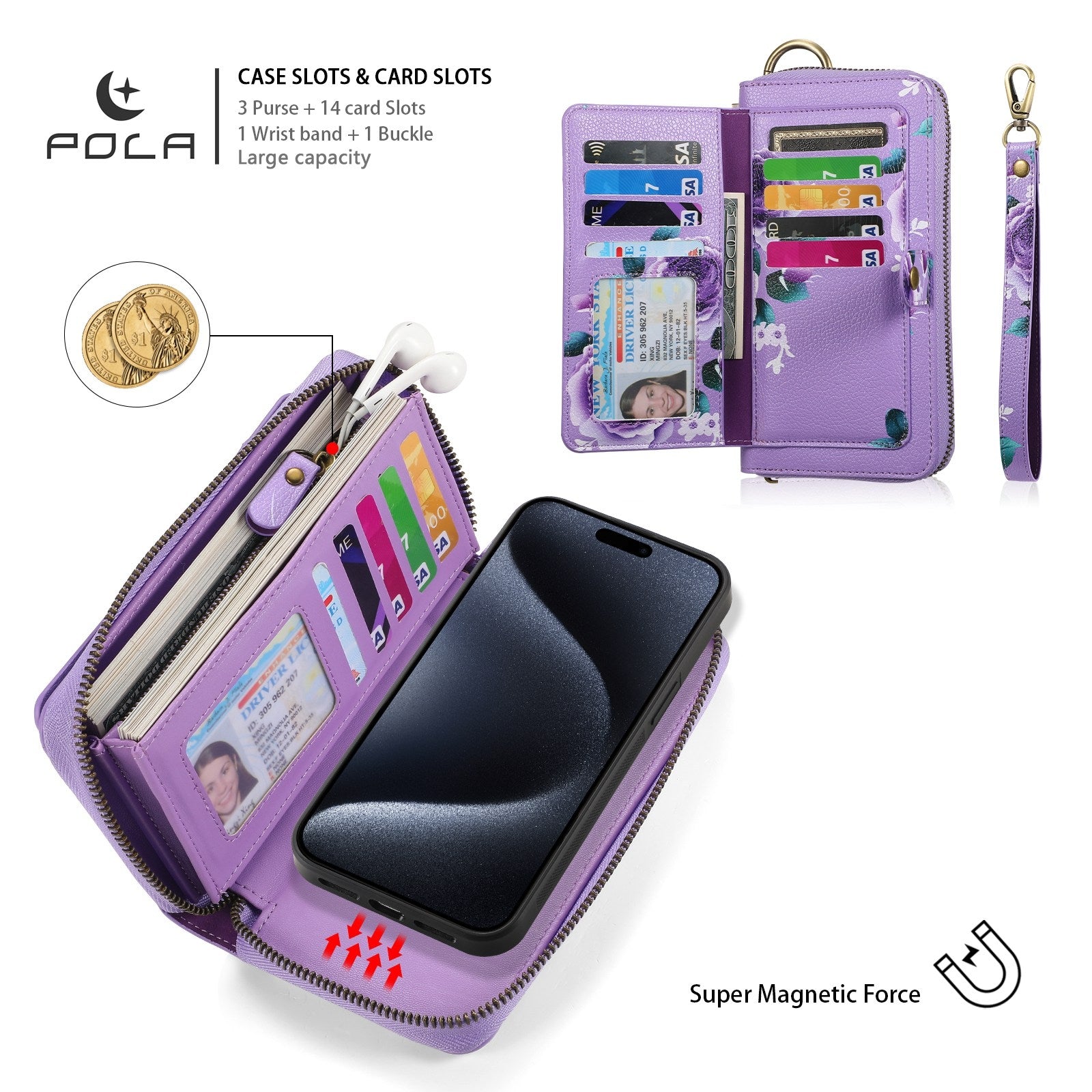 ELECTROPRIME For iPhone 15 POLA MagSafe Flower Multi-functional Zipper Wallet Leather Phone Case(Purple)