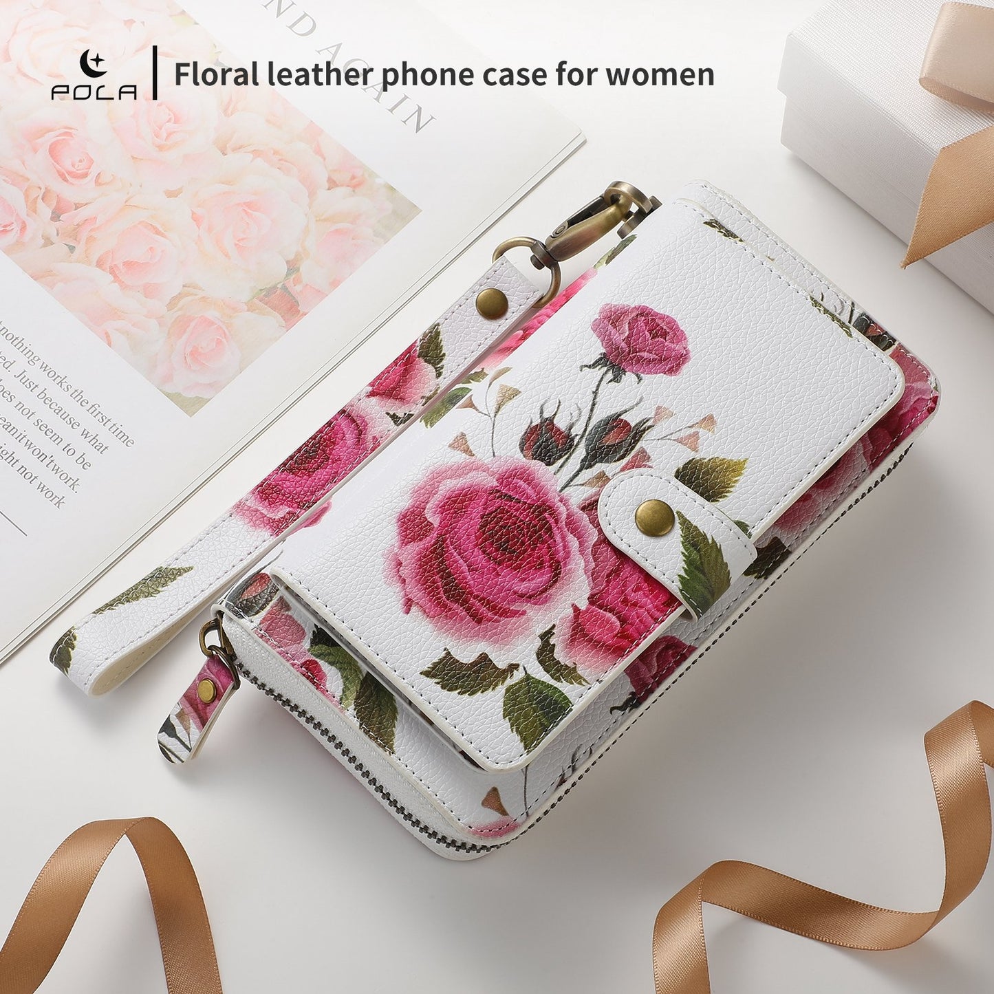 ELECTROPRIME For iPhone 15 POLA MagSafe Flower Multi-functional Zipper Wallet Leather Phone Case(Beige)