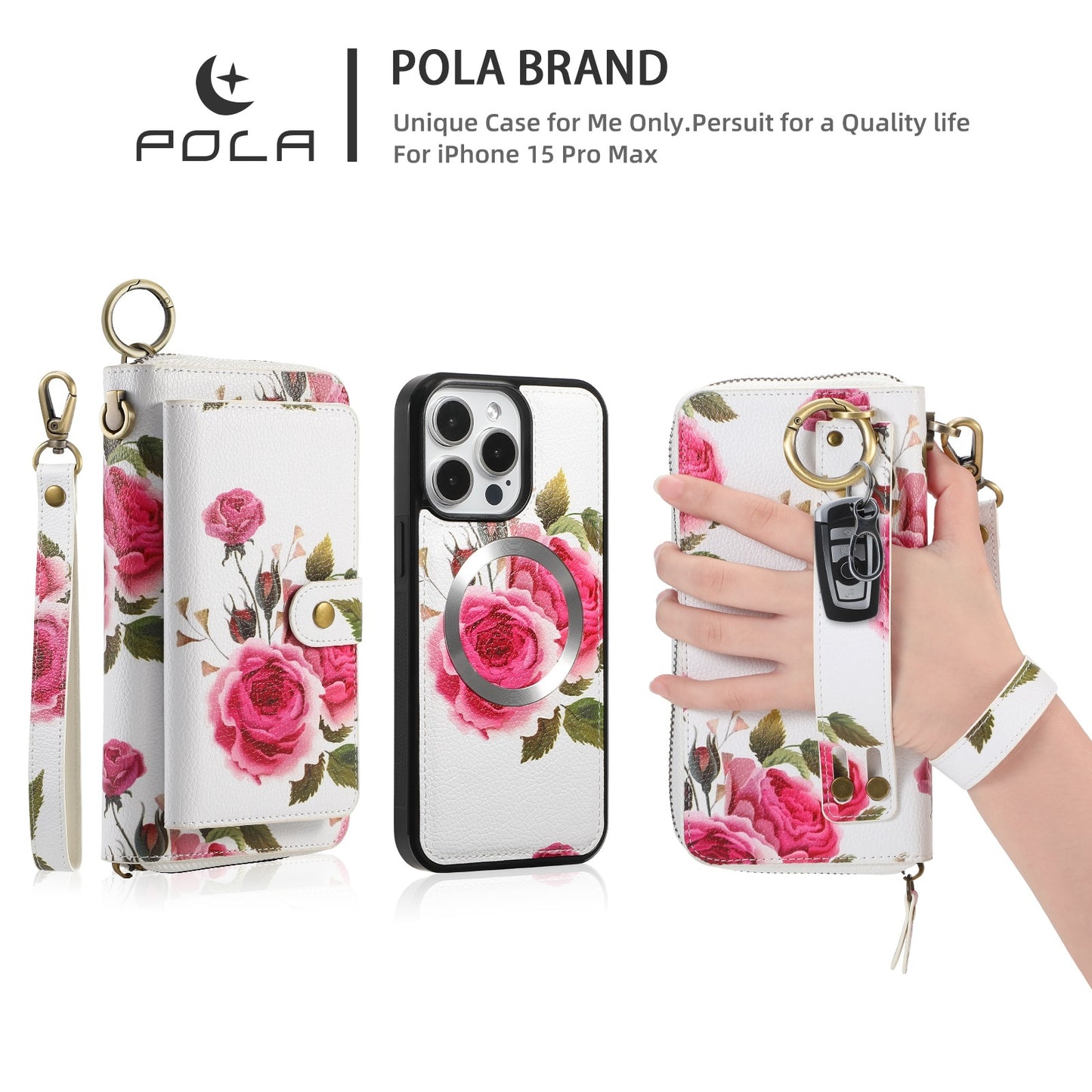 ELECTROPRIME For iPhone 15 POLA MagSafe Flower Multi-functional Zipper Wallet Leather Phone Case(Beige)