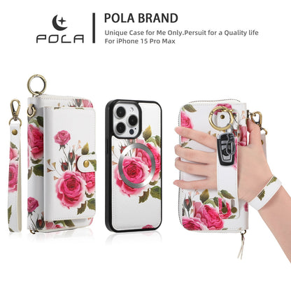 ELECTROPRIME For iPhone 15 POLA MagSafe Flower Multi-functional Zipper Wallet Leather Phone Case(Beige)