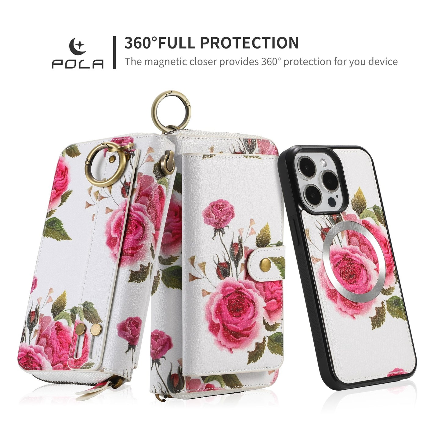 ELECTROPRIME For iPhone 15 POLA MagSafe Flower Multi-functional Zipper Wallet Leather Phone Case(Beige)