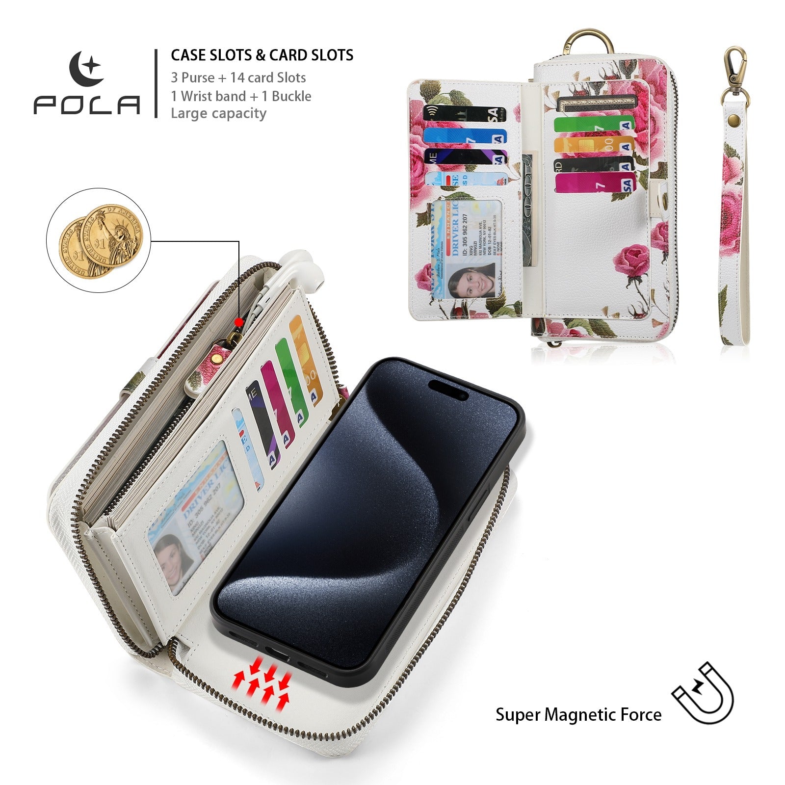 ELECTROPRIME For iPhone 15 POLA MagSafe Flower Multi-functional Zipper Wallet Leather Phone Case(Beige)