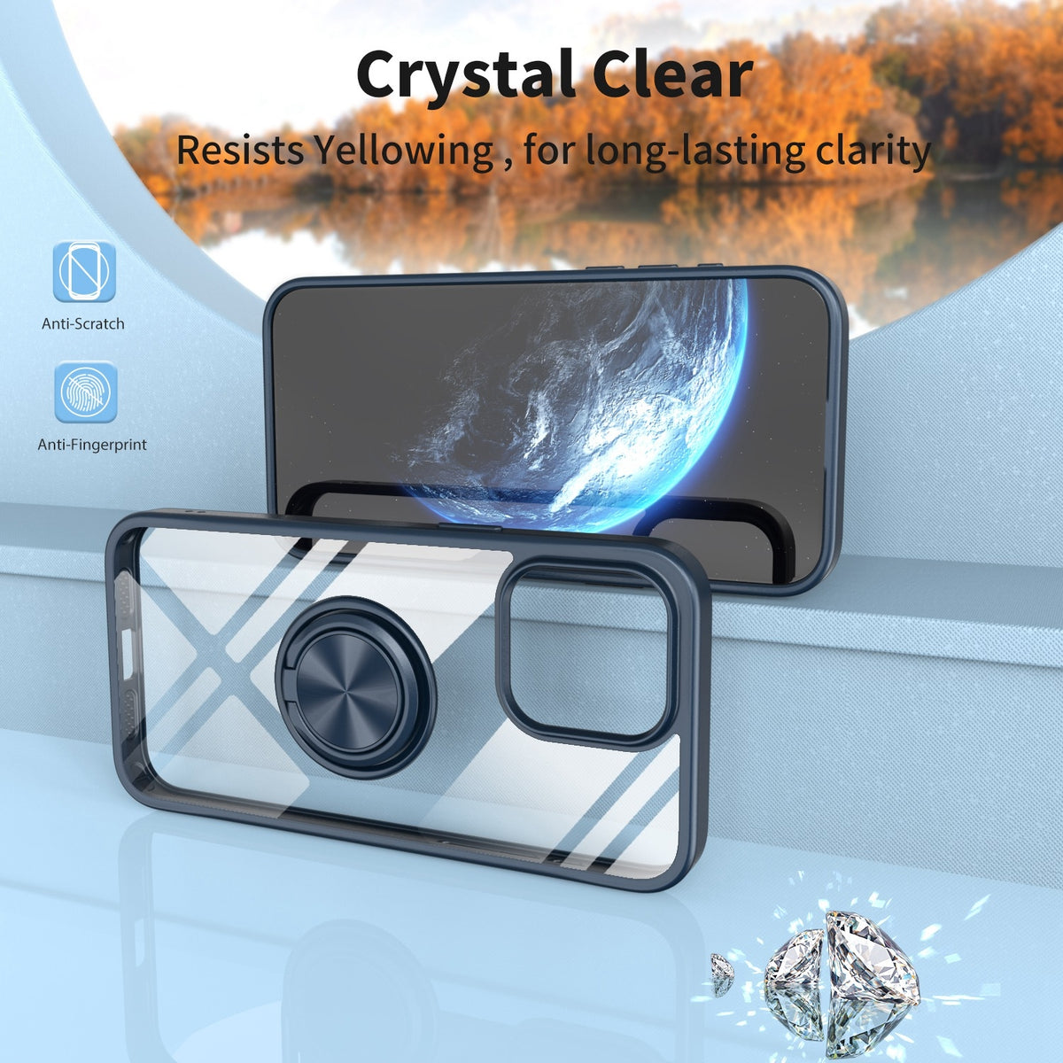 ELECTROPRIME For iPhone 15 Plus Ring Holder PC Hybrid TPU Phone Case(Blue)