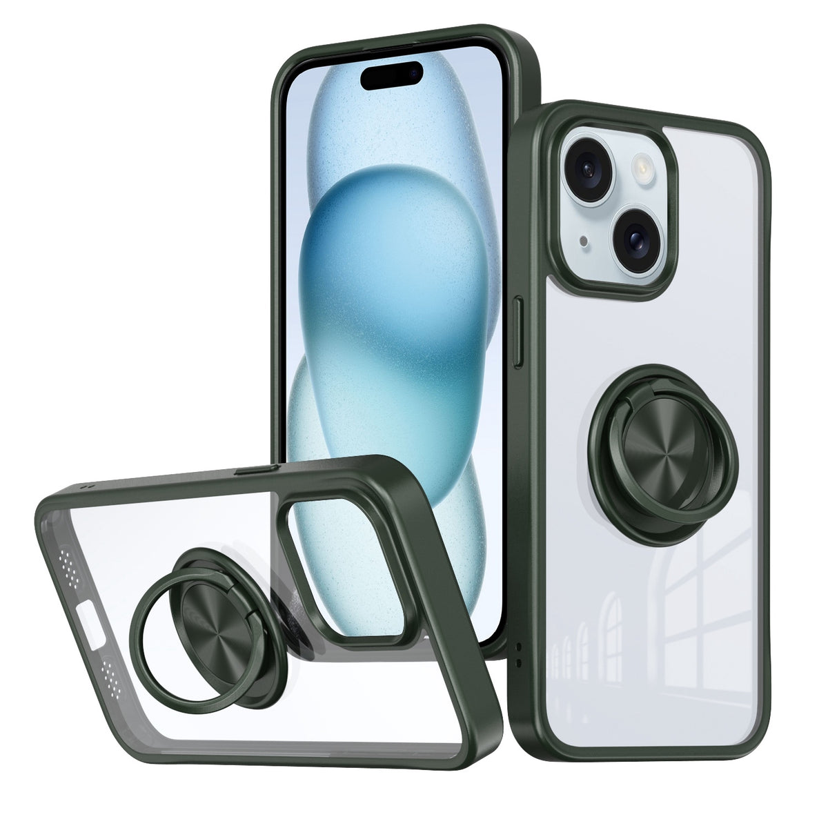 ELECTROPRIME For iPhone 15 Ring Holder PC Hybrid TPU Phone Case(Green)