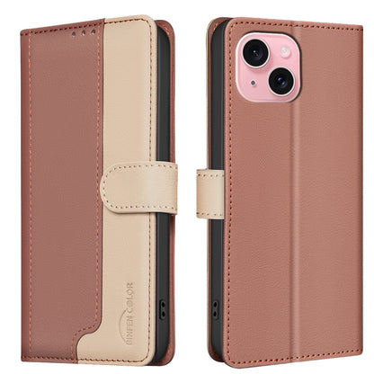 ELECTROPRIME For iPhone 15 Color Matching RFID Anti-theft Leather Phone Case(Brown)