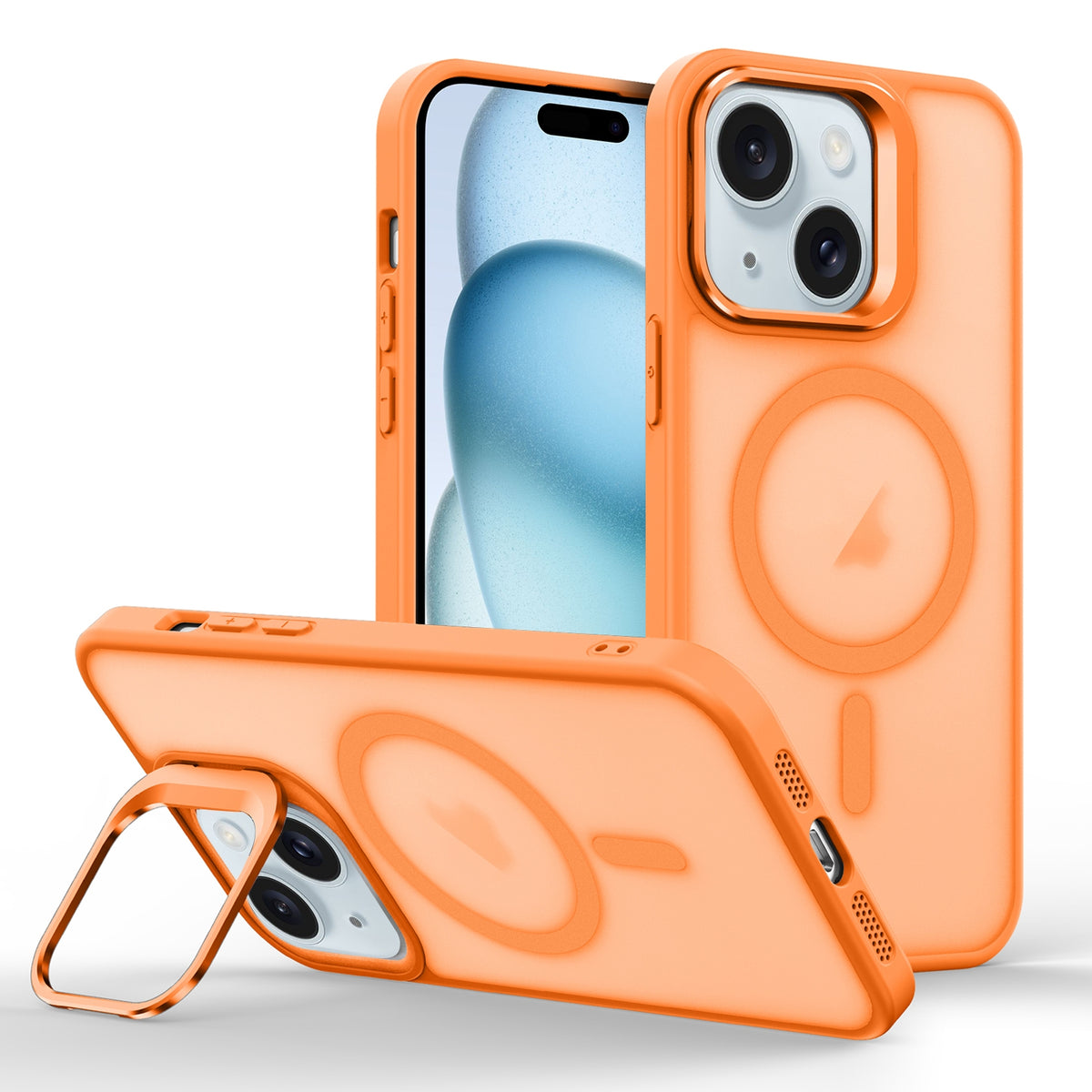 ELECTROPRIME For iPhone 15 Plus Skin Feel Lens Holder Magsafe Phone Case(Orange)