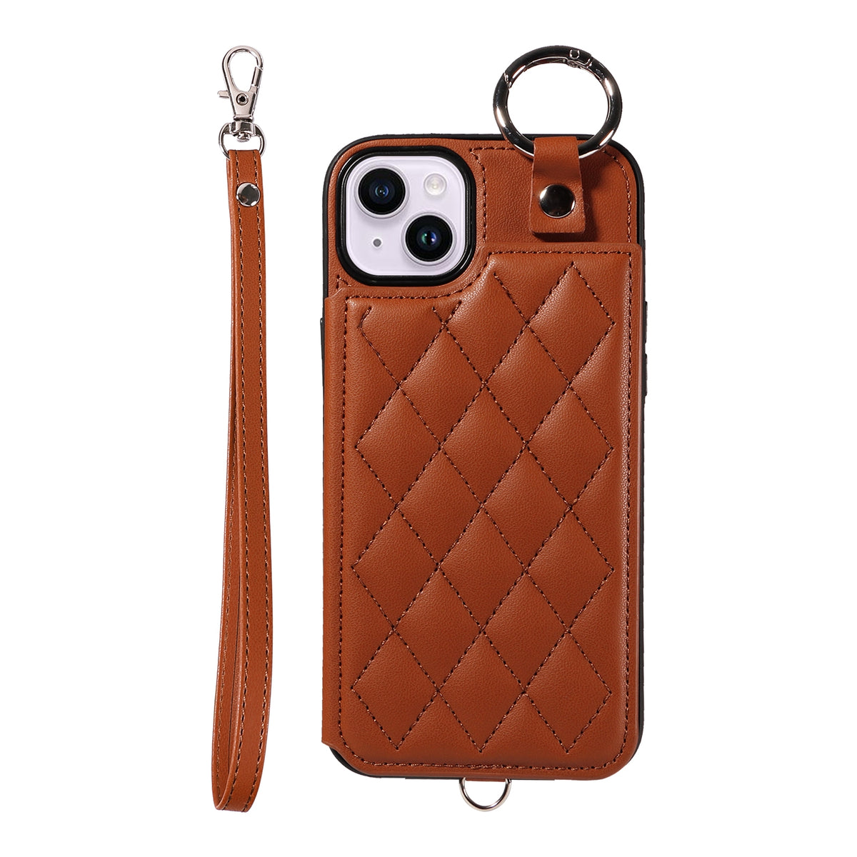ELECTROPRIME For iPhone 15 Plus / 14 Plus Rhombic Texture Card Bag Phone Case with Short Lanyard(Brown)