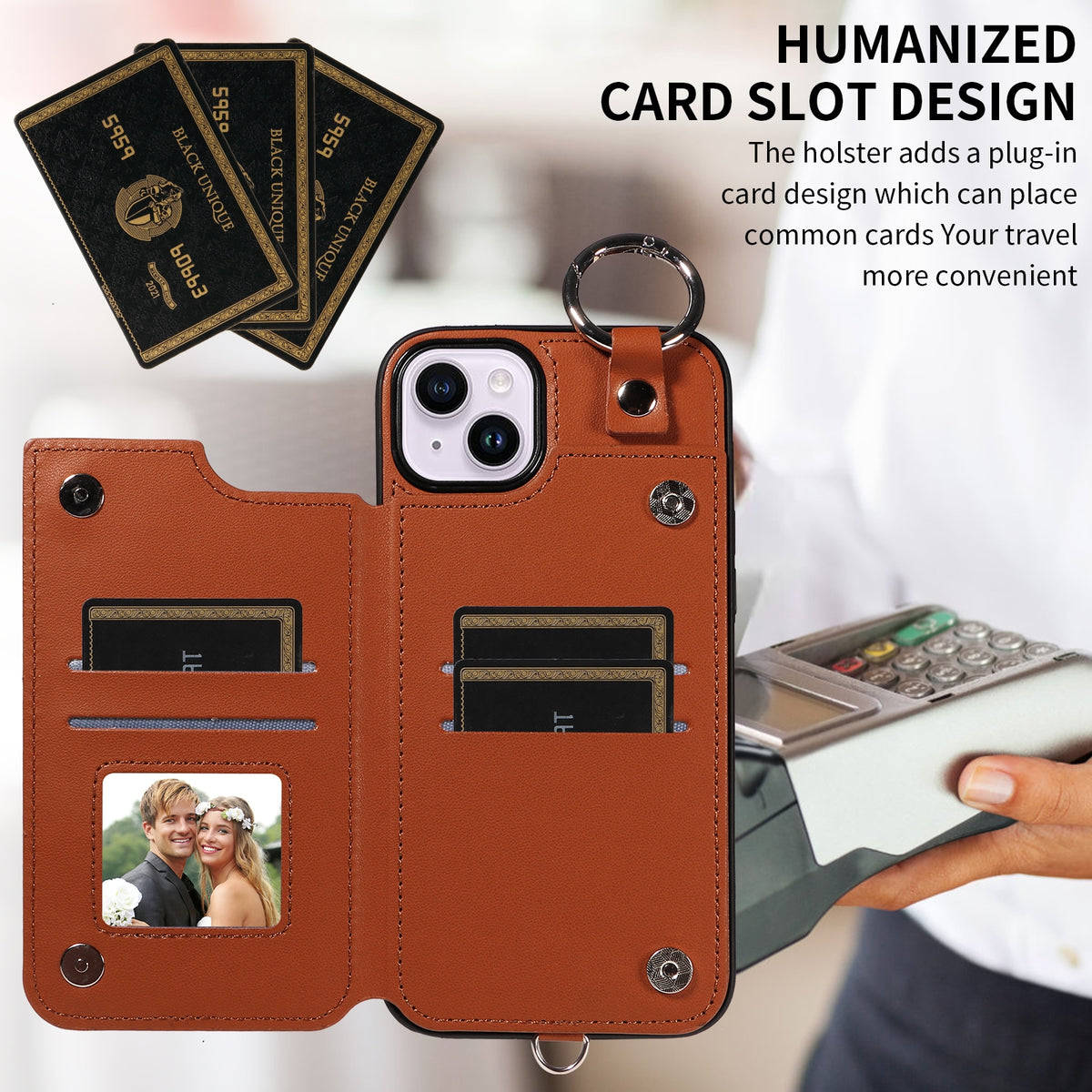 ELECTROPRIME For iPhone 15 Plus / 14 Plus Rhombic Texture Card Bag Phone Case with Short Lanyard(Brown)
