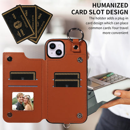 ELECTROPRIME For iPhone 15 Plus / 14 Plus Rhombic Texture Card Bag Phone Case with Short Lanyard(Brown)