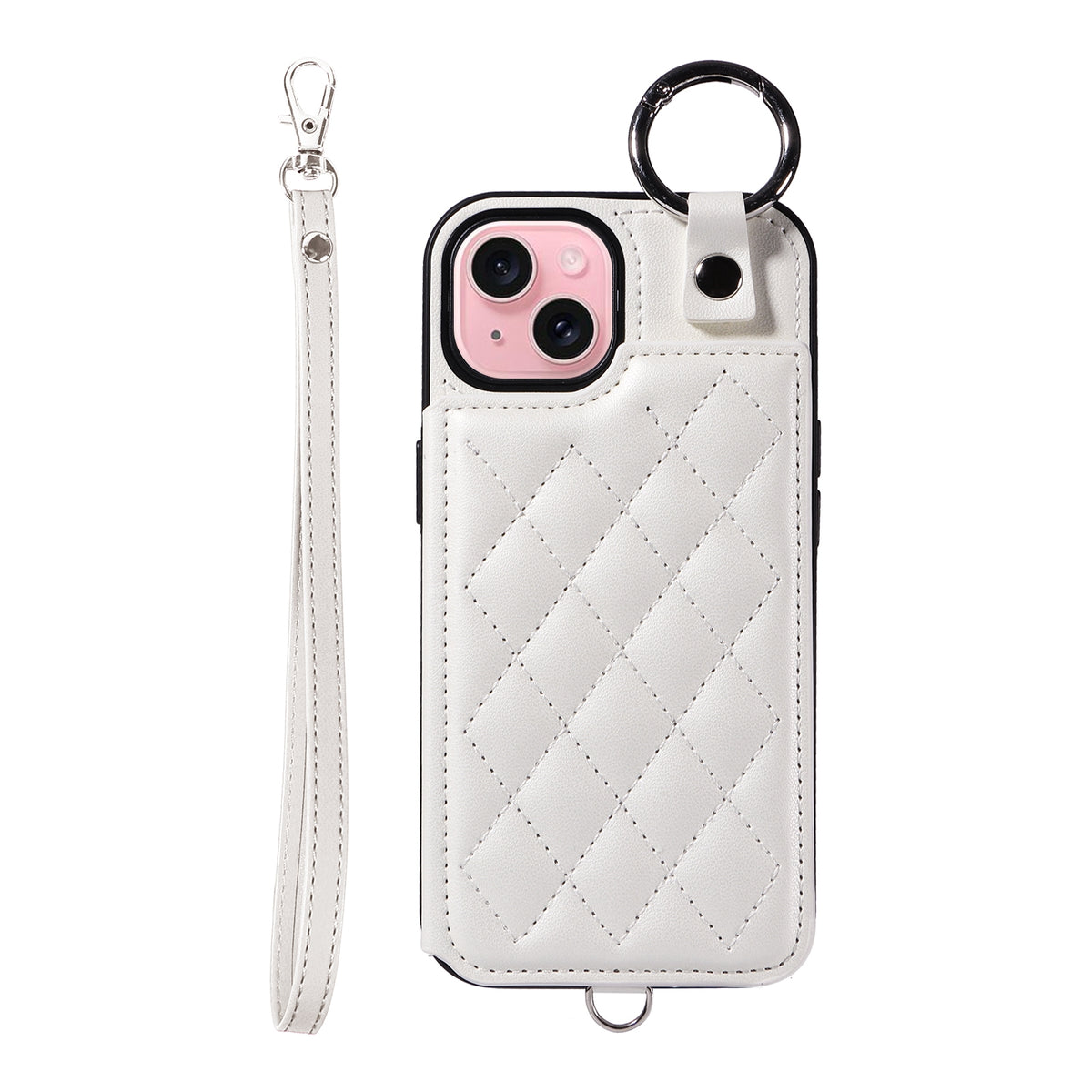 ELECTROPRIME For iPhone 15 Rhombic Texture Card Bag Phone Case with Short Lanyard(White)