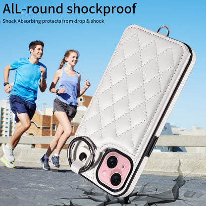 ELECTROPRIME For iPhone 15 Rhombic Texture Card Bag Phone Case with Short Lanyard(White)