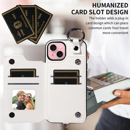ELECTROPRIME For iPhone 15 Rhombic Texture Card Bag Phone Case with Short Lanyard(White)