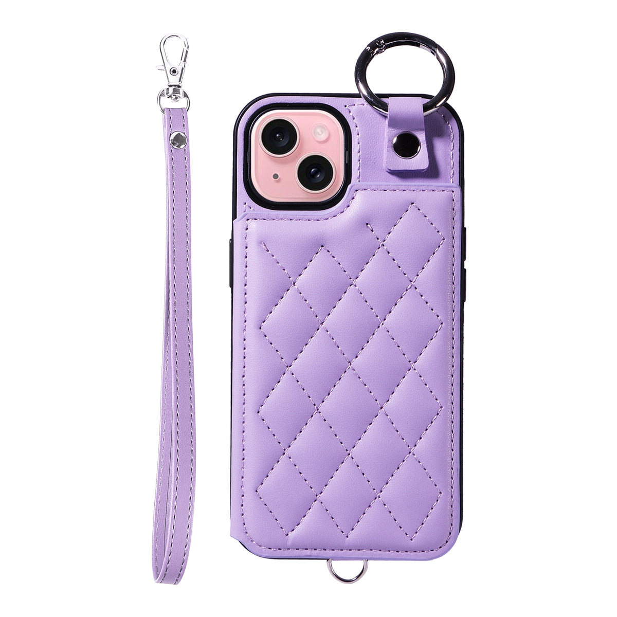 ELECTROPRIME For iPhone 15 Rhombic Texture Card Bag Phone Case with Short Lanyard(Purple)