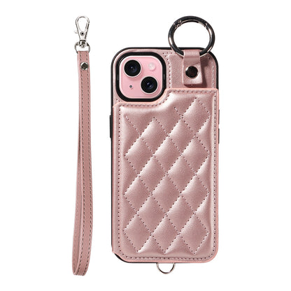 ELECTROPRIME For iPhone 15 Rhombic Texture Card Bag Phone Case with Short Lanyard(Rose Gold)