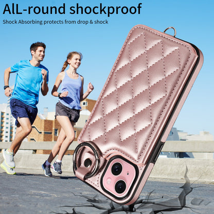 ELECTROPRIME For iPhone 15 Rhombic Texture Card Bag Phone Case with Short Lanyard(Rose Gold)