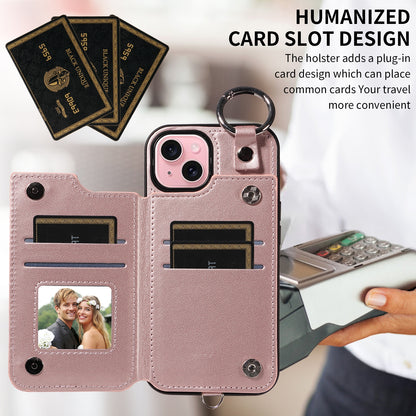 ELECTROPRIME For iPhone 15 Rhombic Texture Card Bag Phone Case with Short Lanyard(Rose Gold)