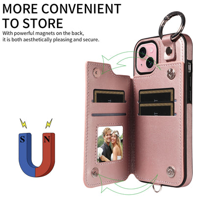 ELECTROPRIME For iPhone 15 Rhombic Texture Card Bag Phone Case with Short Lanyard(Rose Gold)