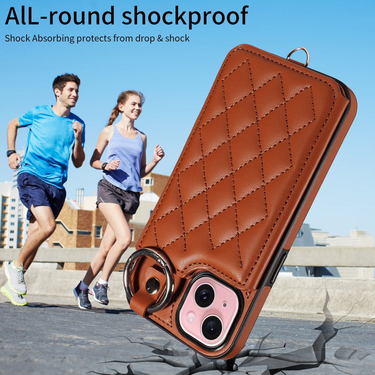 ELECTROPRIME For iPhone 15 Rhombic Texture Card Bag Phone Case with Short Lanyard(Brown)