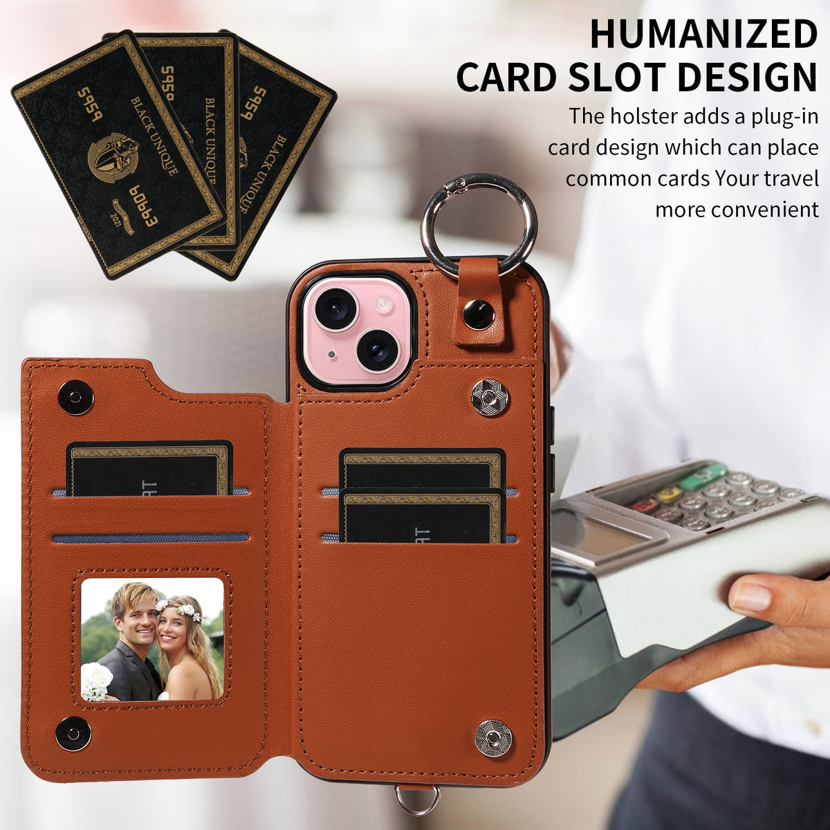 ELECTROPRIME For iPhone 15 Rhombic Texture Card Bag Phone Case with Short Lanyard(Brown)