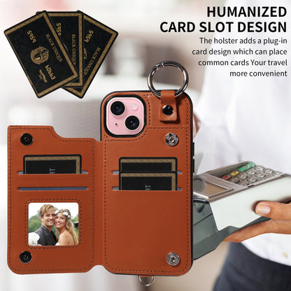 ELECTROPRIME For iPhone 15 Rhombic Texture Card Bag Phone Case with Short Lanyard(Brown)
