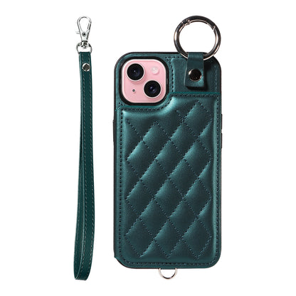ELECTROPRIME For iPhone 15 Rhombic Texture Card Bag Phone Case with Short Lanyard(Green)