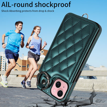 ELECTROPRIME For iPhone 15 Rhombic Texture Card Bag Phone Case with Short Lanyard(Green)