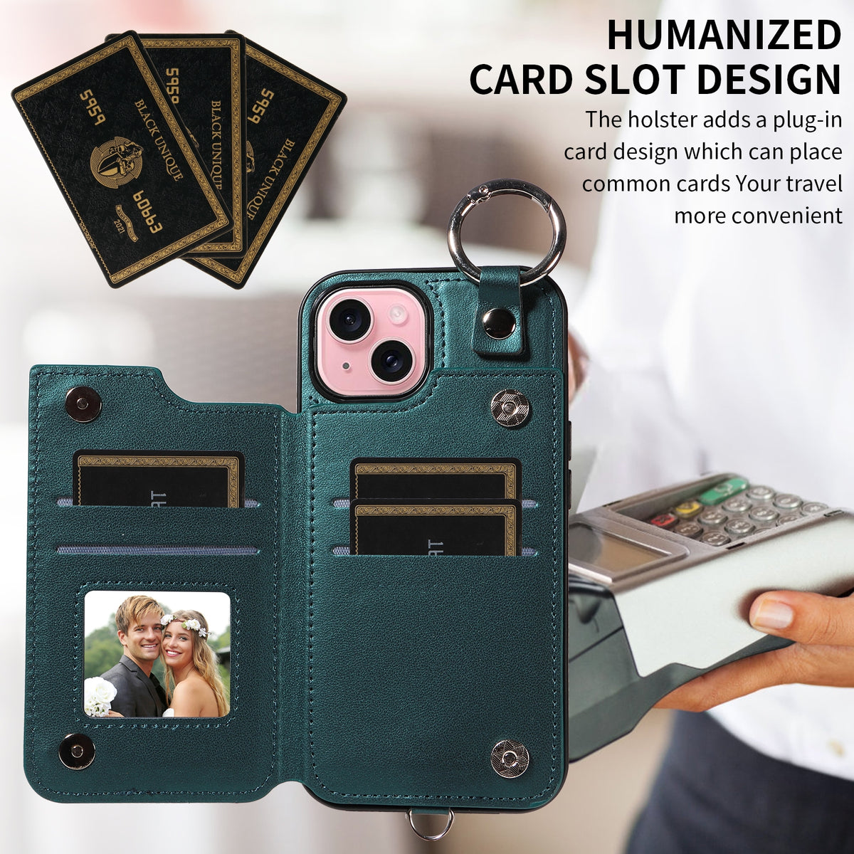 ELECTROPRIME For iPhone 15 Rhombic Texture Card Bag Phone Case with Short Lanyard(Green)
