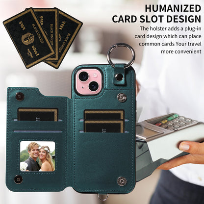 ELECTROPRIME For iPhone 15 Rhombic Texture Card Bag Phone Case with Short Lanyard(Green)