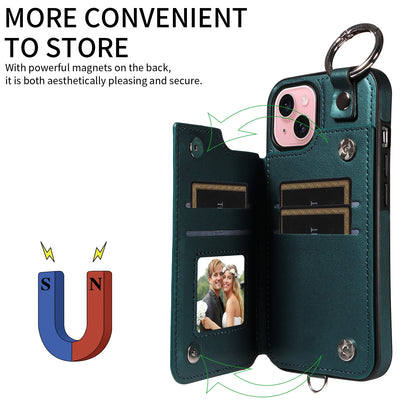 ELECTROPRIME For iPhone 15 Rhombic Texture Card Bag Phone Case with Short Lanyard(Green)