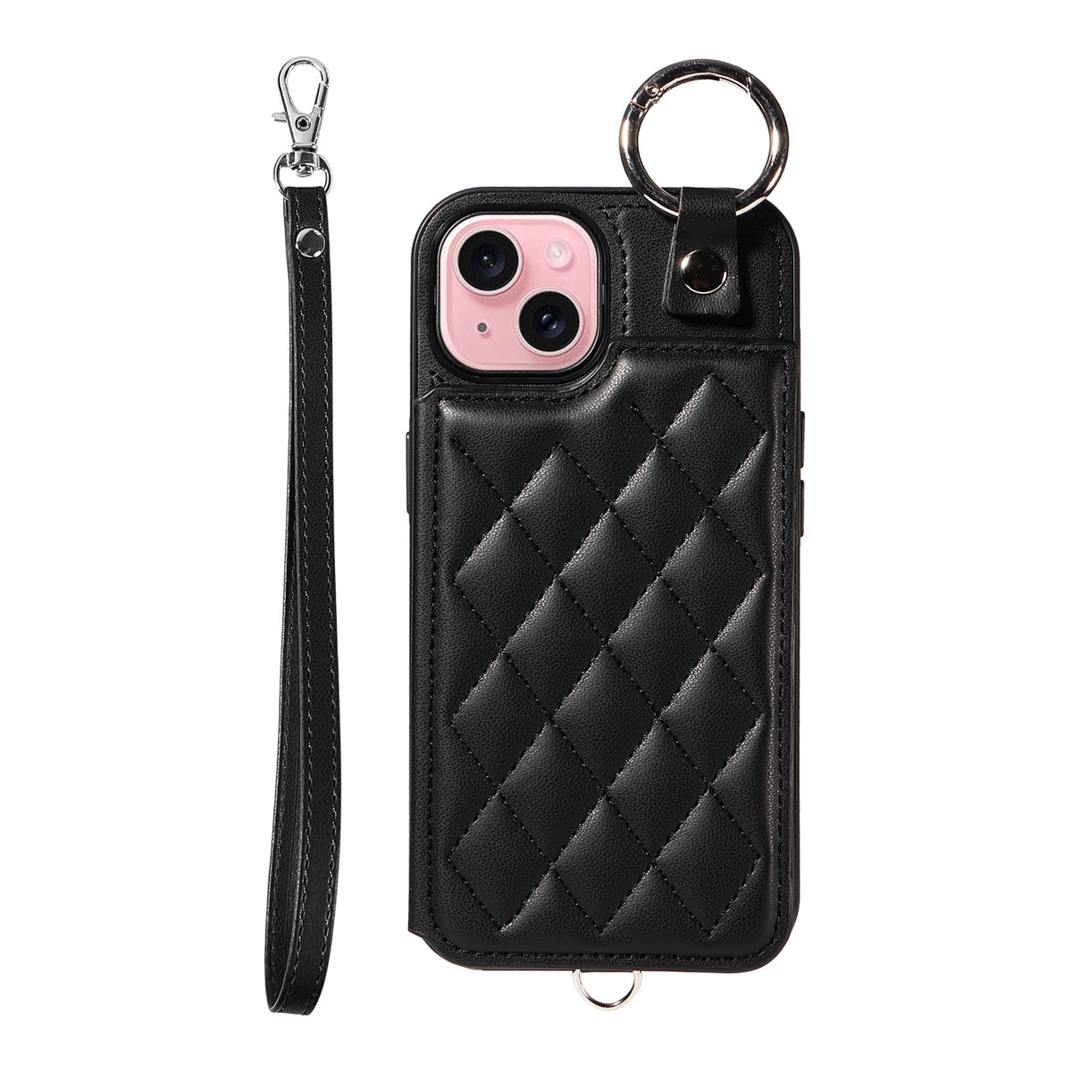 ELECTROPRIME For iPhone 15 Rhombic Texture Card Bag Phone Case with Short Lanyard(Black)