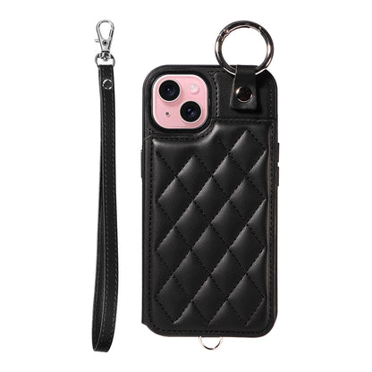 ELECTROPRIME For iPhone 15 Rhombic Texture Card Bag Phone Case with Short Lanyard(Black)