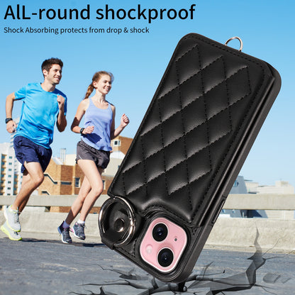 ELECTROPRIME For iPhone 15 Rhombic Texture Card Bag Phone Case with Short Lanyard(Black)