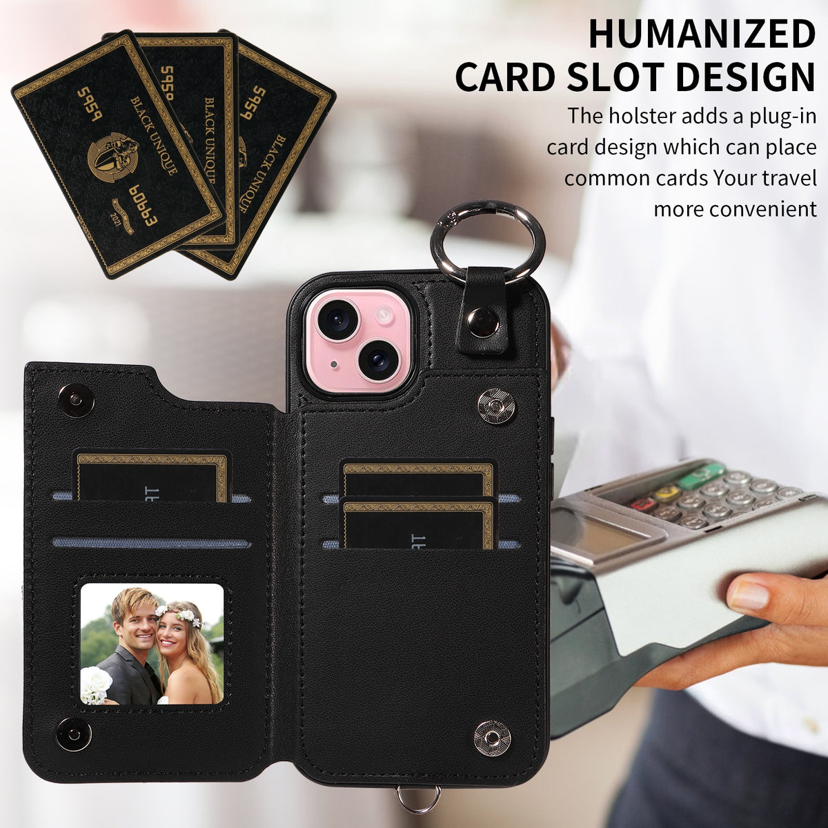 ELECTROPRIME For iPhone 15 Rhombic Texture Card Bag Phone Case with Short Lanyard(Black)