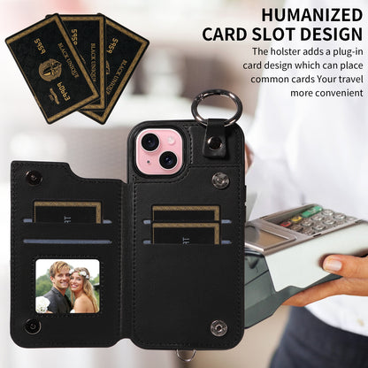 ELECTROPRIME For iPhone 15 Rhombic Texture Card Bag Phone Case with Short Lanyard(Black)