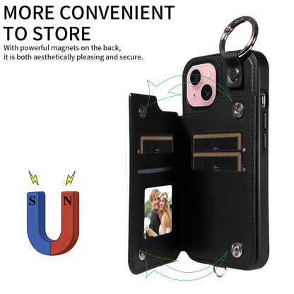 ELECTROPRIME For iPhone 15 Rhombic Texture Card Bag Phone Case with Short Lanyard(Black)