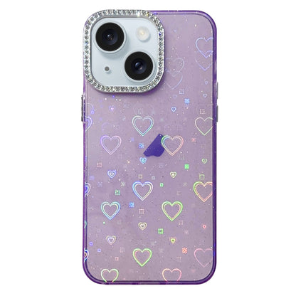 ELECTROPRIME For iPhone 15 Plus Love Pattern Diamond Lens Frame IMD Acrylic Phone Case(Purple)