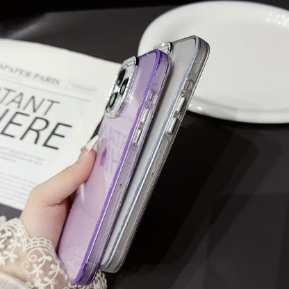 ELECTROPRIME For iPhone 15 Plus Love Pattern Diamond Lens Frame IMD Acrylic Phone Case(Purple)