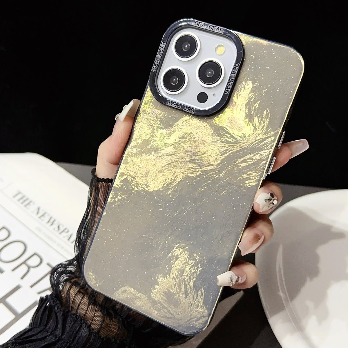ELECTROPRIME For iPhone 15 Tinfoil Texture Colorful Lens Frame IMD Acrylic Phone Case(Black)