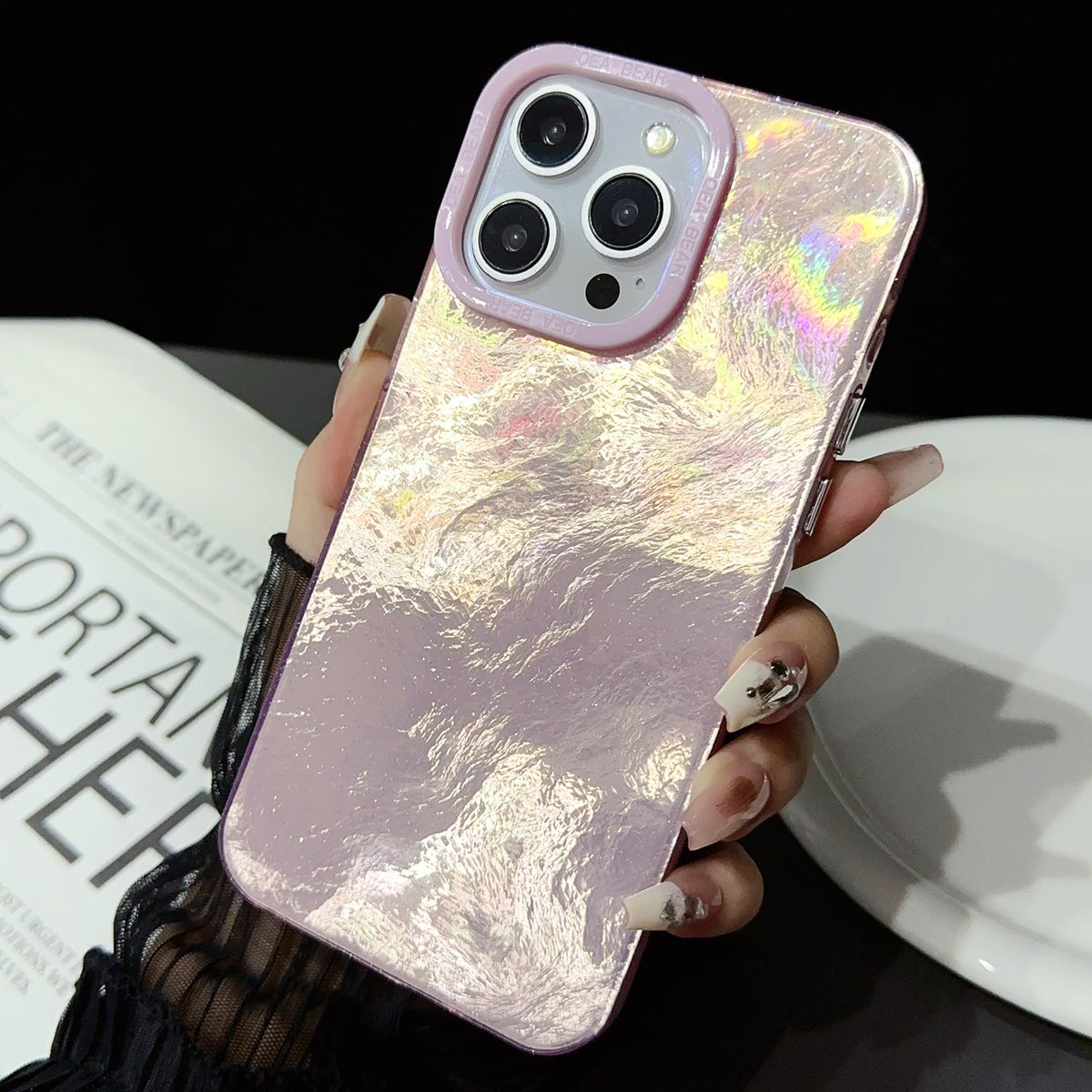 ELECTROPRIME For iPhone 15 Tinfoil Texture Colorful Lens Frame IMD Acrylic Phone Case(Pink)
