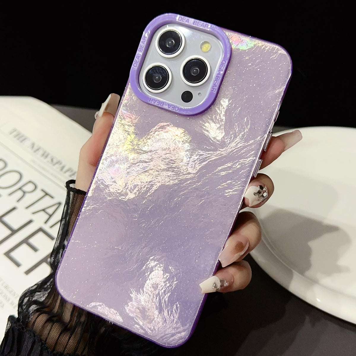 ELECTROPRIME For iPhone 15 Tinfoil Texture Colorful Lens Frame IMD Acrylic Phone Case(Purple)