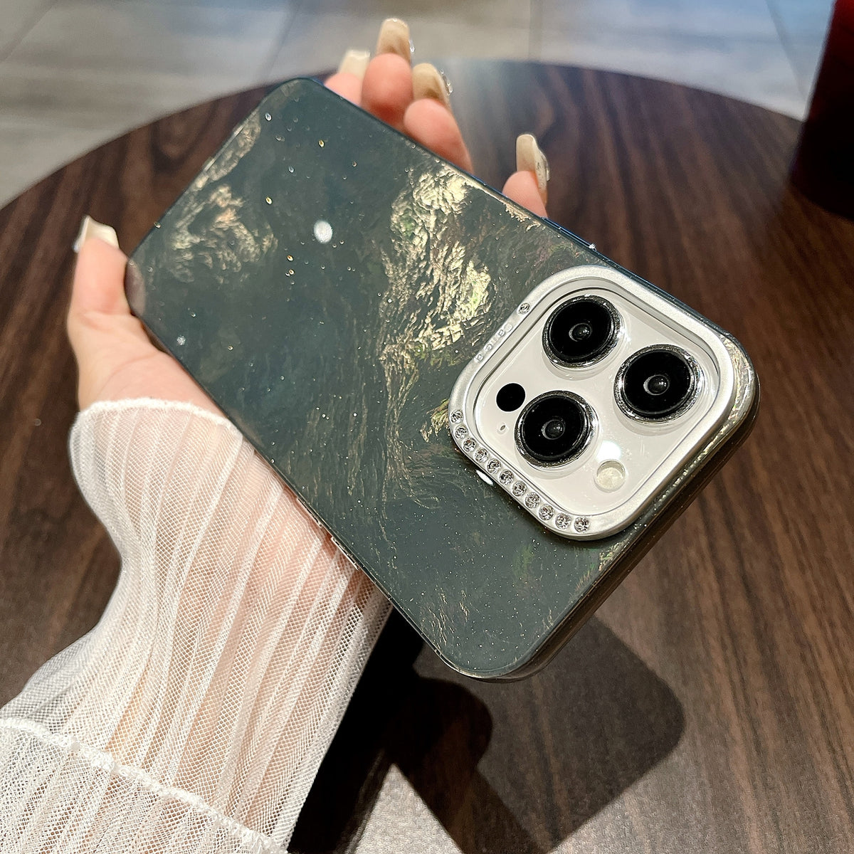 ELECTROPRIME For iPhone 15 Tinfoil Texture Diamond Lens Frame IMD Acrylic Phone Case(Black)