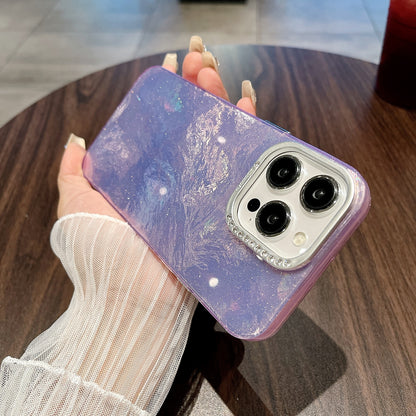ELECTROPRIME For iPhone 15 Tinfoil Texture Diamond Lens Frame IMD Acrylic Phone Case(Purple)