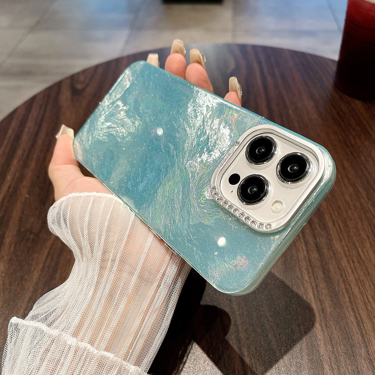 ELECTROPRIME For iPhone 15 Tinfoil Texture Diamond Lens Frame IMD Acrylic Phone Case(Green)